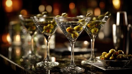 Martini glasses with olives set at angles, styled to depict a celebratory toast