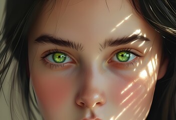 A girl gazes intently with vibrant green eyes, her face softly glowing in natural light. Sun rays create a pattern across her features, highlighting her expression.