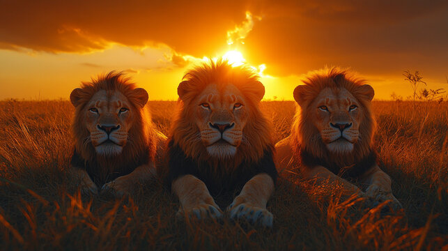 Fototapeta Three lions resting in savanna grass at sunset