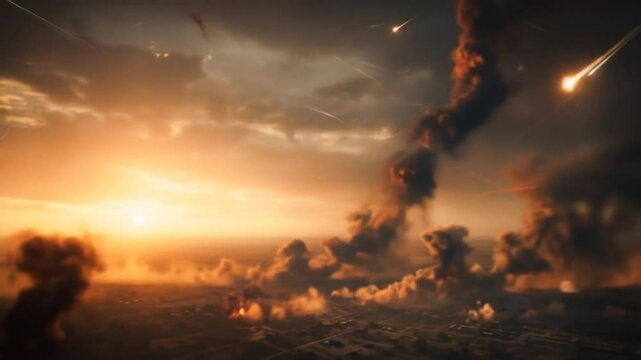 Fiery Skyfall: Explosions and Meteors Bombarding a City Under Dramatic Skies