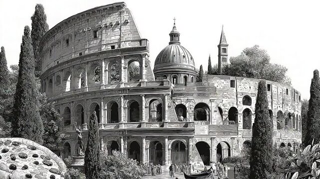Rome's Colosseum and pizza in black and white vintage etching style illustration