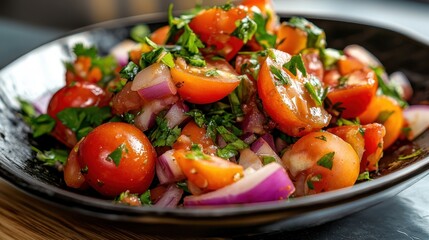 A vibrant bowl filled with fresh tomatoes, red onions, and cilantro, showcasing a colorful medley that reflects healthy eating and culinary art.