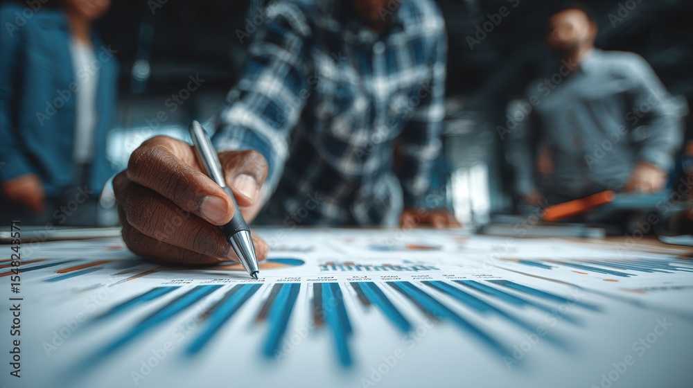 Poster african american man analyzing company data with pen and graphs during the day, with team in backgro