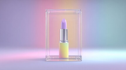 Modern lipstick stick inside transparent acrylic box with soft pastel backdrop