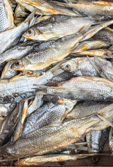 Dried roach fish forming a textured background for seafood cuisine