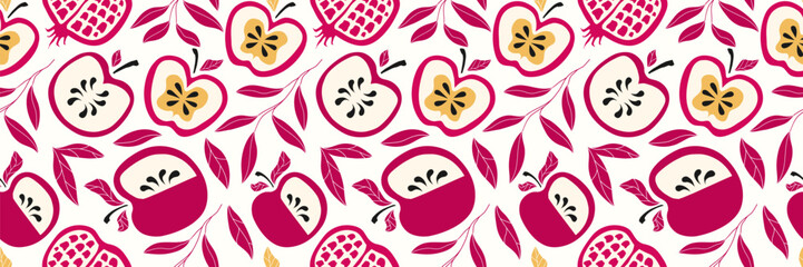 Shana Tova pattern hand drawn modern color stye for Rosh Hashanah holidays, Jewish New Year. Pomegranate, apple, leaves vector