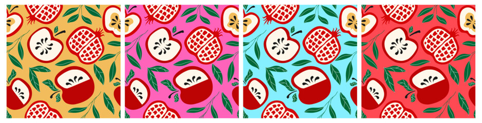 Rosh Hashanah pattern set hand drawn stye for Shana Tova holidays, Jewish New Year. Pomegranate, apple, leaves vector