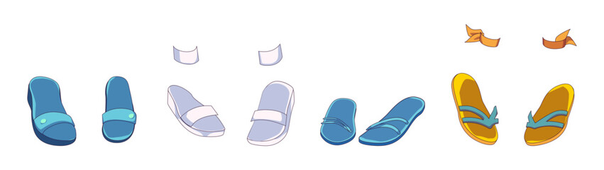 Illustration of various sandals in playful colors on a white background. Depicting different styles and designs suitable for casual or beachwear.