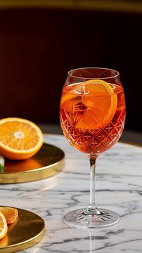 Elegant aperol spritz with orange garnish on marble table for classy cocktail concept