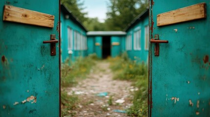 An eerie yet intriguing perspective through open rusty green doors, revealing a pathway that suggests stories of abandonment and mystery waiting to unfold.