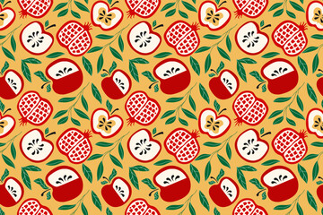 Shana Tova pattern hand drawn stye for Rosh Hashanah holidays, Jewish New Year. Pomegranate, apple, leaves vector