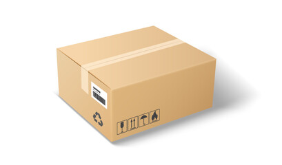 Illustration of a cardboard box featuring shipping safety symbols and a recycle icon. Rendered in realistic style with neutral colors. Ideal for logistics and packaging concepts.