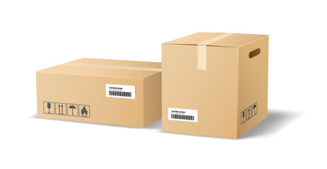 Illustration of two cardboard boxes with labels against white background. Realistic style depicts shipping packaging with barcodes. Ideal for logistics themes.