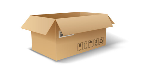 Realistic illustration of an open cardboard box with shipping symbols. Brown color and minimal shadowing. Perfect for logistics and packaging themes.
