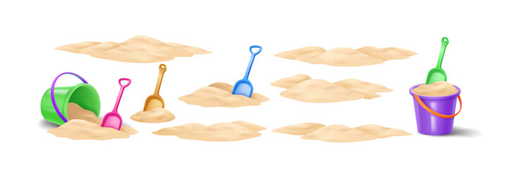 Digital illustration of sand with vibrant buckets and shovels in assorted colors. Perfect for summer and beachthemed designs. Simplistic cartoon style for playful projects. © ApoevArt