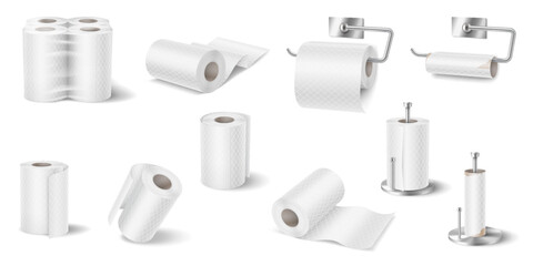 Illustration of different toilet paper roll configurations. Clean and realistic style. White color palette. Represents household essentials and hygiene. Suitable for bathroomrelated designs.