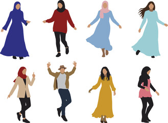Hijabi women illustrations, diverse poses collection, modern Muslim fashion, modest clothing styles, cultural attire design, professional and casual outfits