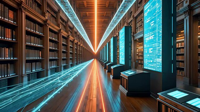 Futuristic Digital Library Interior with Neon Light Beams and Glowing Screens in a High-Tech Hallway