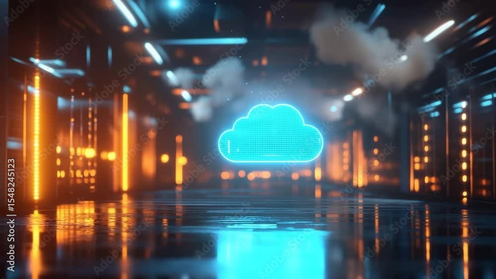 Poster futuristic server room with a floating neon cloud symbolizing cloud technology and data. cloud compu
