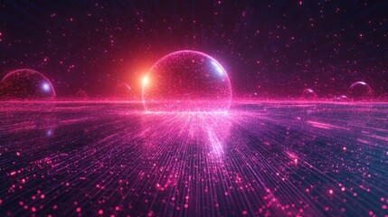 Pink and orange glowing spheres over a digital landscape