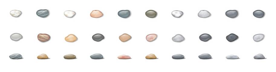 Assorted pebbles displayed in neat rows. Each pebble varies in color, ranging from light to dark shades. Perfect for design background or texture exploration.