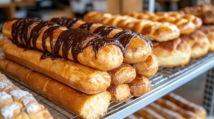 A tantalizing display of various freshly baked pastries, including glazed and filled delights, showcasing a variety of textures and flavors. Perfect for dessert lovers and bakeries.