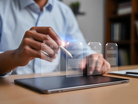 Man interacting with floating holographic documents on digital tablet surface