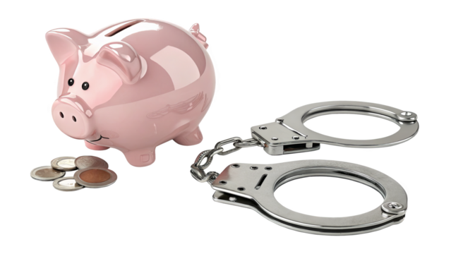3D Piggy Bank with Handcuffs and Coin - Financial Constraint Symbol