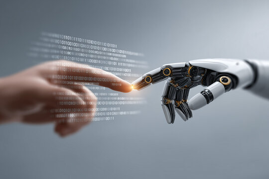 Digital Touch: A human hand and robotic hand reaching out, symbolizing innovation and technology in a futuristic concept. 