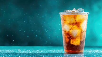 A refreshing glass of iced tea filled with ice cubes, capturing the coolness and thirst-quenching nature of this popular beverage on a vibrant blue background.