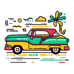 Vintage retro car driving with palm tree in background. Abstract. Summer auto travel concept. Illustration for journey and vacation.