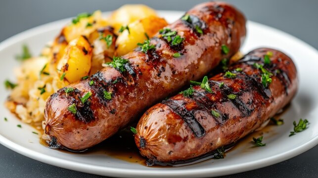 A tantalizing plate featuring perfectly grilled sausages paired with golden potatoes provides a mouthwatering appeal for food lovers and cooking enthusiasts.