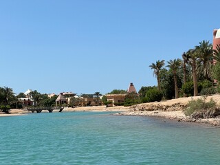Naklejka premium Beautiful videos of channels, hotels, beaches, embankments, bridges of El Gouna, Hurghada, Red Sea, Egypt, North Africa