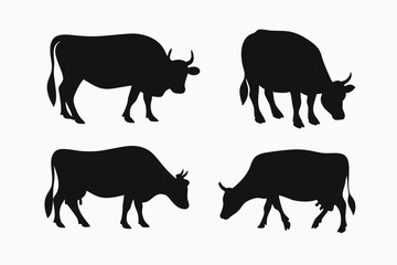 Fototapeta premium Silhouette Collection Four Cow Poses, Black and White Farm Animal Illustrations