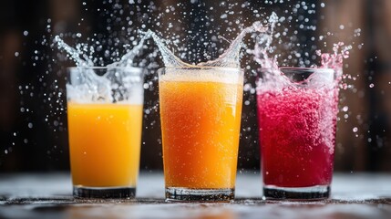 This dynamic image features three glasses of vibrant drinks splashing joyfully, representing celebration, refreshment, and the excitement of life’s moments.