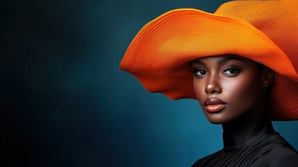 This striking portrait features a woman gracefully adorned with a dramatic orange hat, embodying style, elegance, and bold fashion in a striking visual narrative.