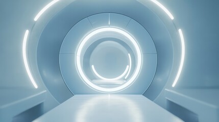 Futuristic circular tunnel with white neon lights and sleek design