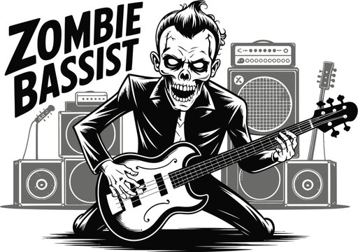 Illustration of a zombie bassist playing electric bass guitar with amplifiers in the background
