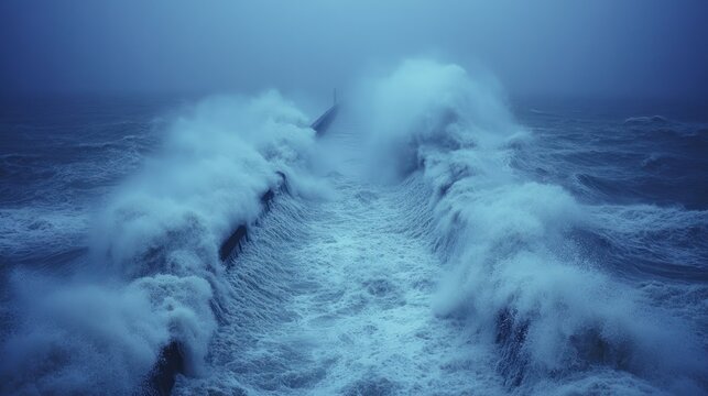 Powerful waves crash against a pier in a stormy sea