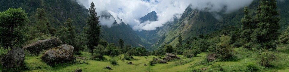 Fototapeta premium Lush green valley with cloud-covered mountains and dense forest