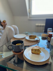 Apple pie and tea served for breakfast at home