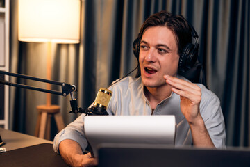 Host channel in smart broadcaster with talking show on live social media streaming with script note...