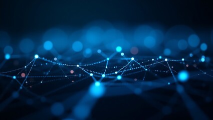 A futuristic digital neural network with glowing electric blue nodes and thin interconnected lines, forming a complex web structure. Generative Ai.