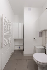 Modern White Bathroom Interior with Toilet, Radiator, and Storage Elements