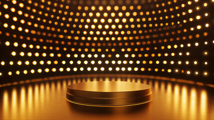 Golden stage with a circular light tunnel and a prominent podium, designed for presentations, awards ceremonies, or performances. Winner stage light golden background. Award show stage flyer banner.