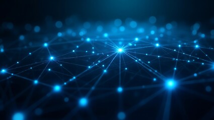 A futuristic digital neural network with glowing electric blue nodes and thin interconnected lines, forming a complex web structure. Generative Ai.