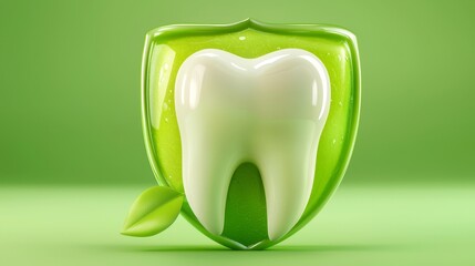 Glossy tooth enclosed in green protective shield with leaf symbolizing dental health