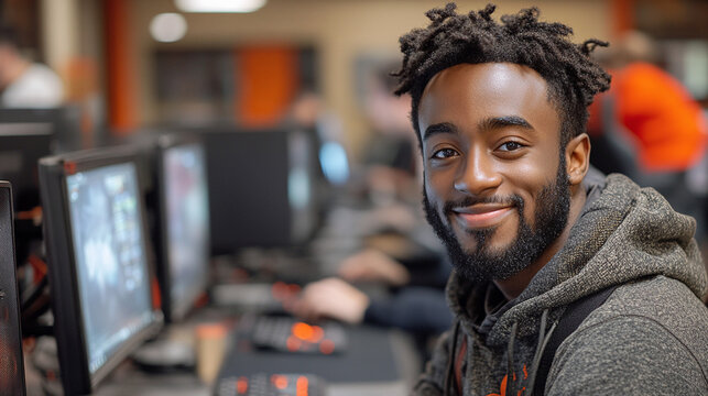 Student smiles in busy computer lab using desktop PC