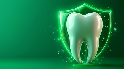 Glowing tooth with protective green shield on vivid green background