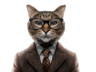 Sophisticated Feline A Portrait of a Cat in Glasses and Business Attire for Whimsical Charm